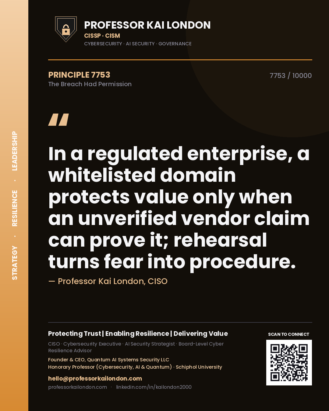 Professor Kai London principle 7753: In a regulated enterprise, a whitelisted domain protects value only when an unverified vendor claim can prove it; rehearsal turns fear into procedure.