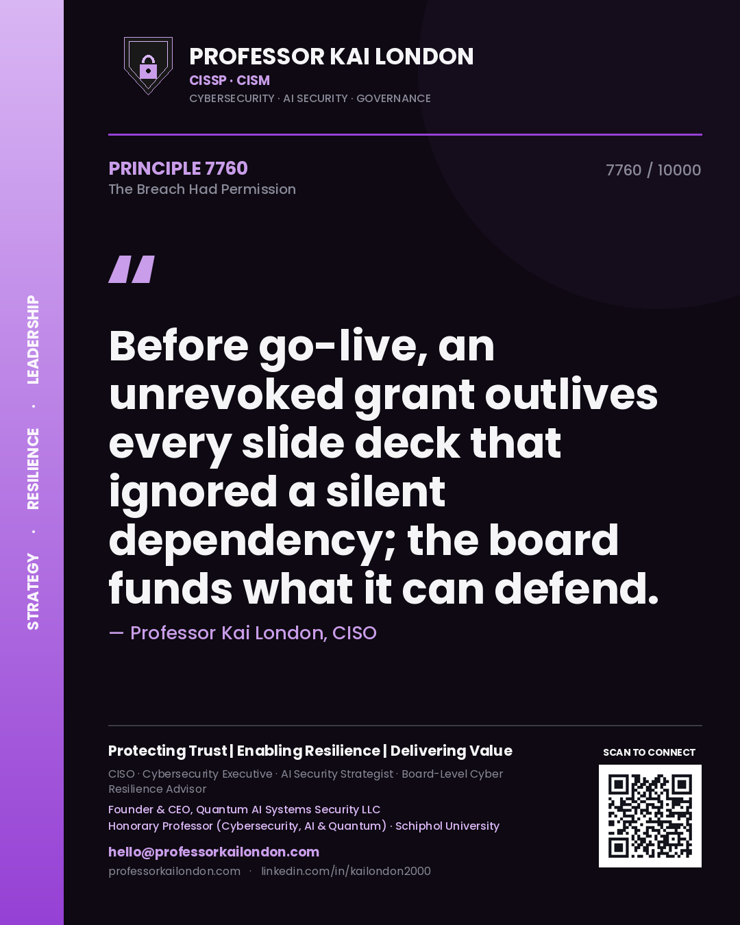 Quote card by Professor Kai London reading 'Before go-live, an unrevoked grant outlives every slide deck that ignored a silent dependency; the board funds what it can defend.'. From the book The Breach Had Permission.