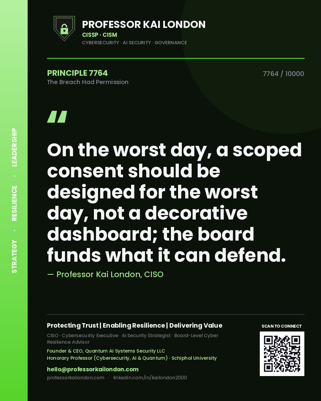 Quote card by Professor Kai London reading 'On the worst day, a scoped consent should be designed for the worst day, not a decorative dashboard; the board funds what it can defend.'. From the book The Breach Had Permission.