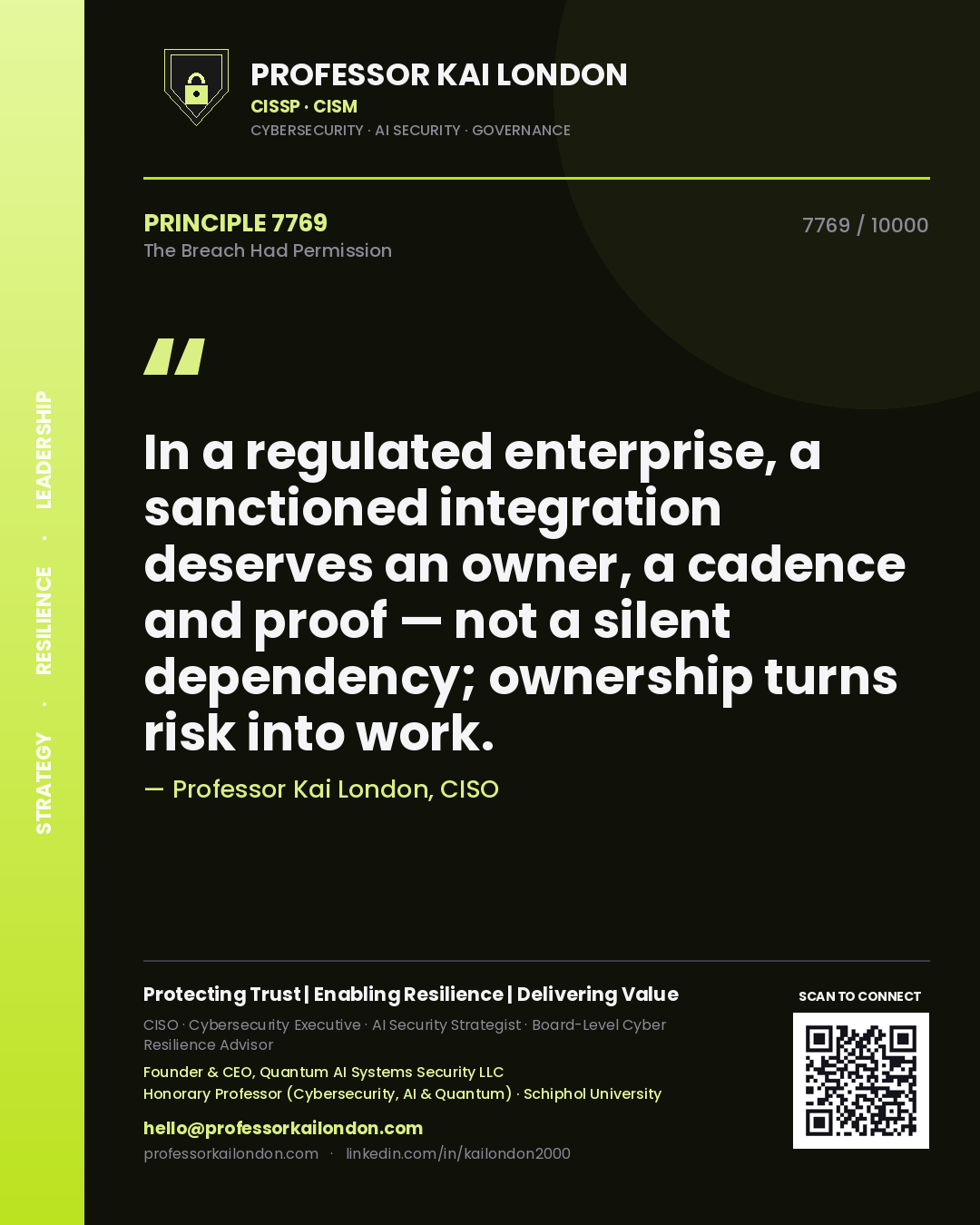 Quote card by Professor Kai London reading 'In a regulated enterprise, a sanctioned integration deserves an owner, a cadence and proof — not a silent dependency; ownership turns risk into work.'. From the book The Breach Had Permission.