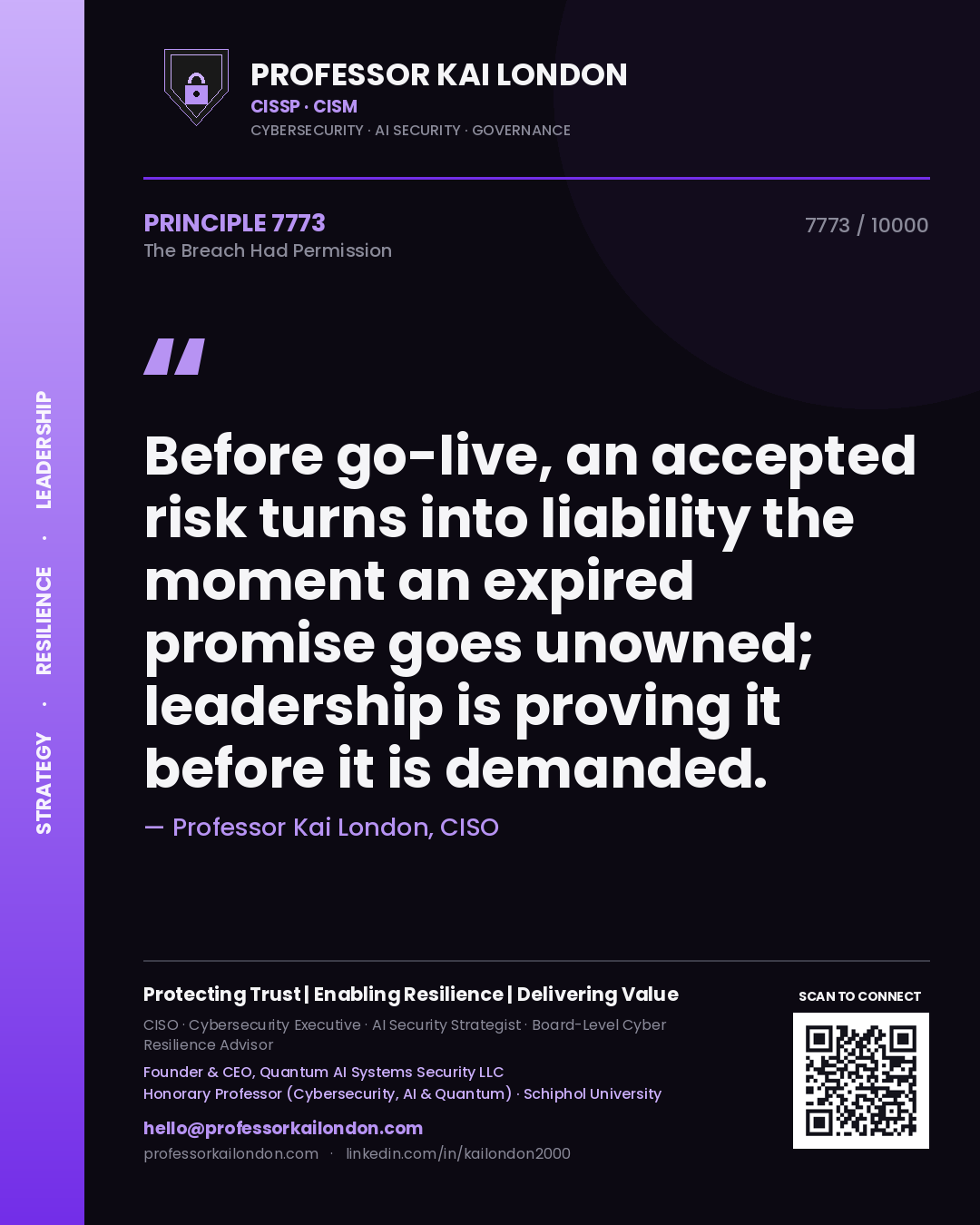 Professor Kai London principle 7773: Before go-live, an accepted risk turns into liability the moment an expired promise goes unowned; leadership is proving it before it is demanded.