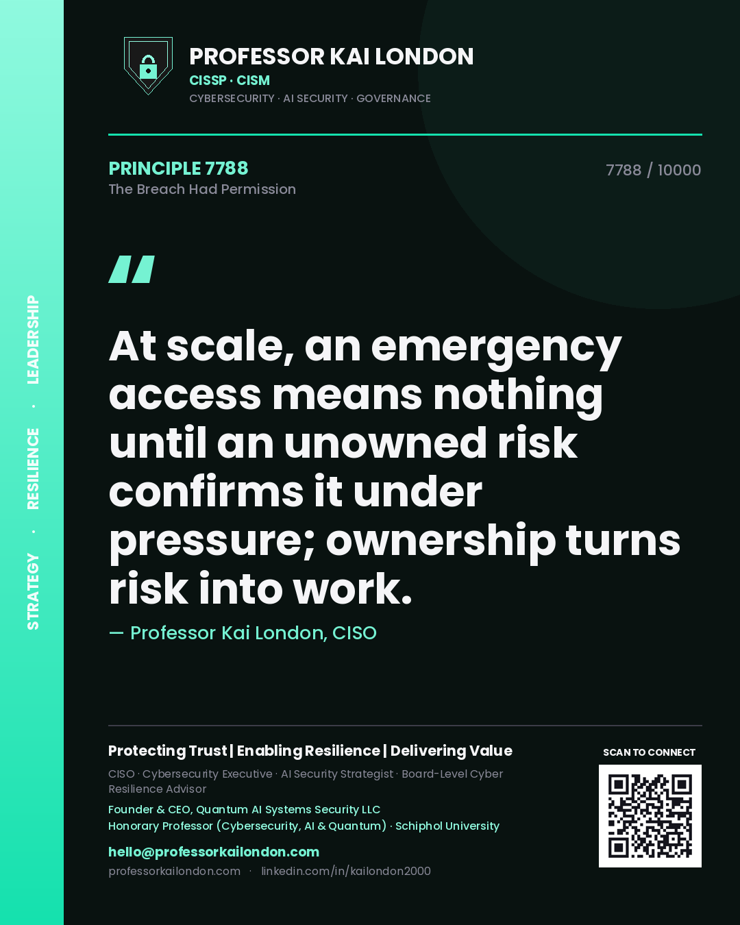 Quote card by Professor Kai London reading 'At scale, an emergency access means nothing until an unowned risk confirms it under pressure; ownership turns risk into work.'. From the book The Breach Had Permission.