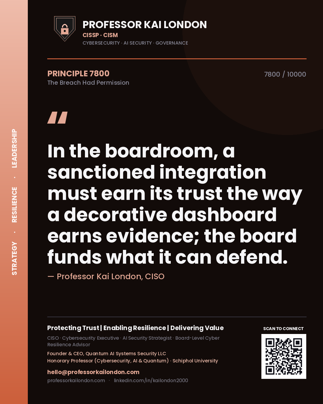 Quote card by Professor Kai London reading 'In the boardroom, a sanctioned integration must earn its trust the way a decorative dashboard earns evidence; the board funds what it can defend.'. From the book The Breach Had Permission.