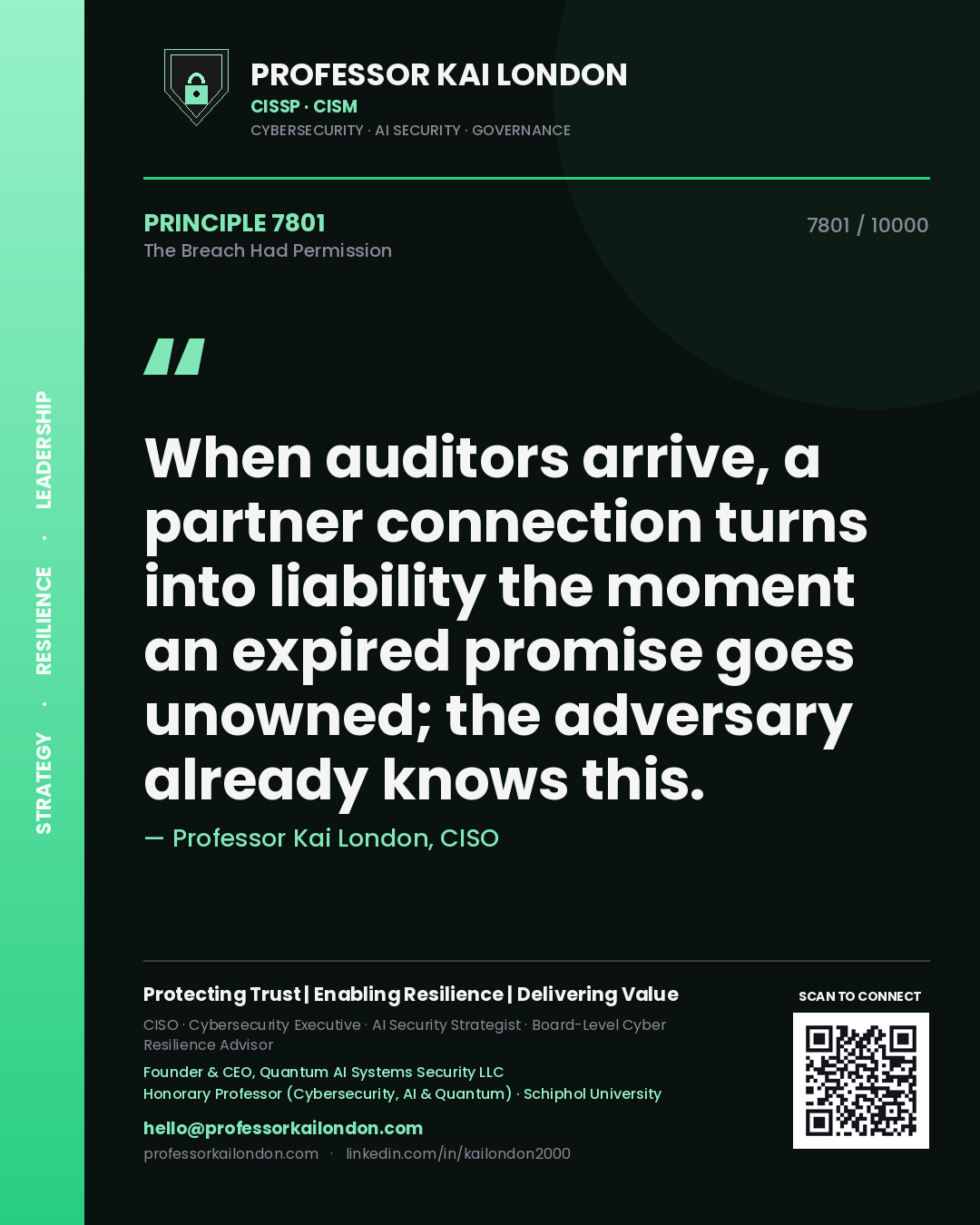 Quote card by Professor Kai London reading 'When auditors arrive, a partner connection turns into liability the moment an expired promise goes unowned; the adversary already knows this.'. From the book The Breach Had Permission.