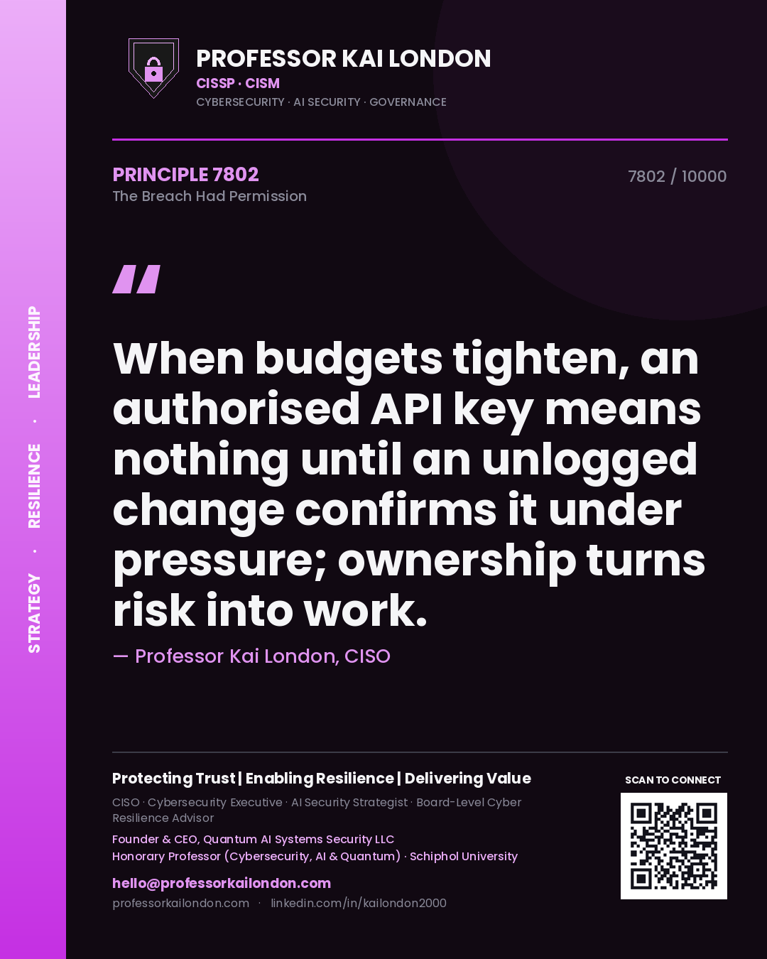 Professor Kai London principle 7802: When budgets tighten, an authorised API key means nothing until an unlogged change confirms it under pressure; ownership turns risk into work.