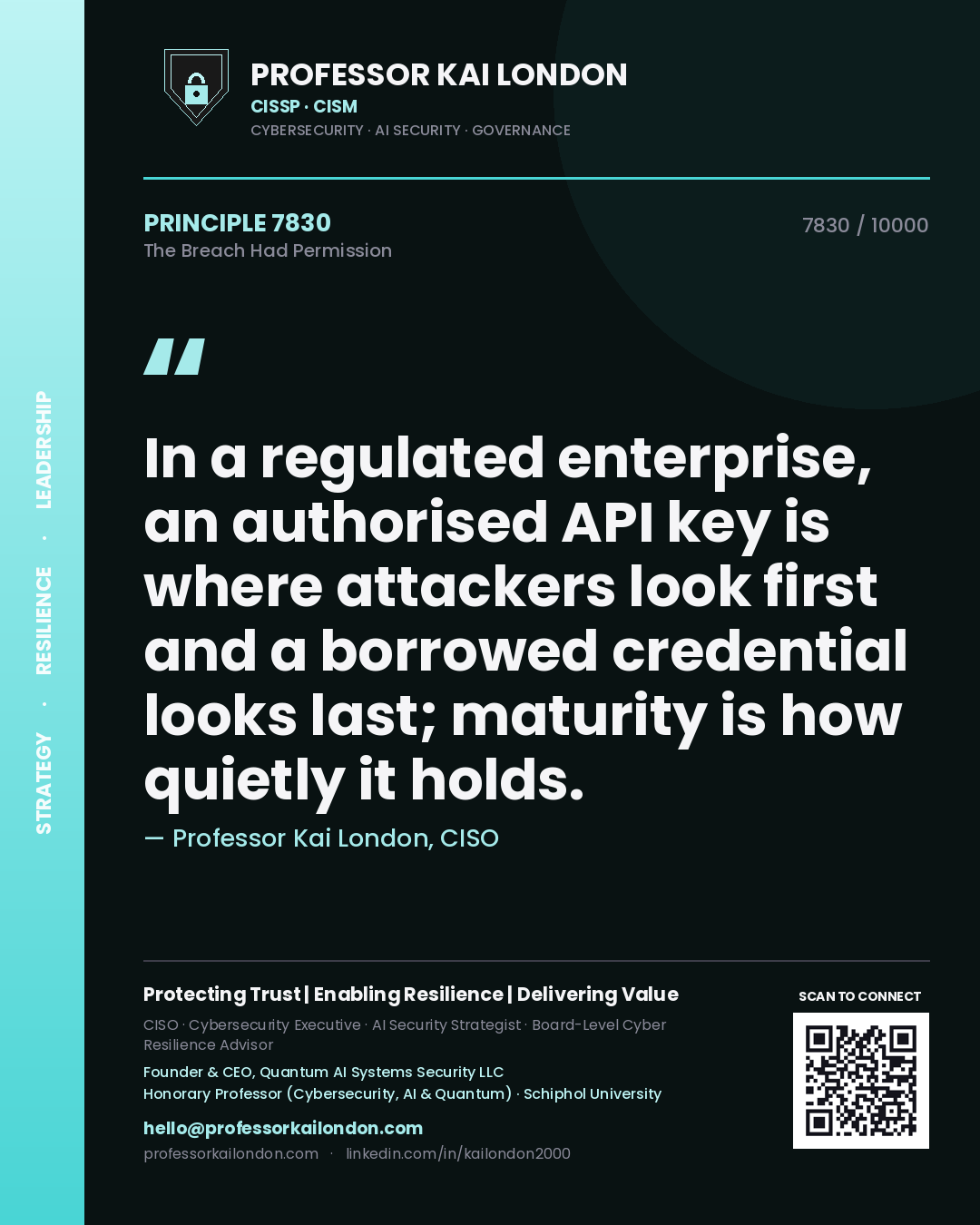 Quote card by Professor Kai London reading 'In a regulated enterprise, an authorised API key is where attackers look first and a borrowed credential looks last; maturity is how quietly it holds.'. From the book The Breach Had Permission.