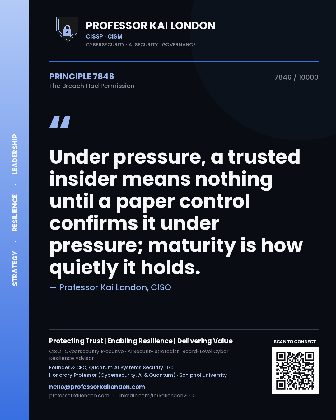 Quote card by Professor Kai London reading 'Under pressure, a trusted insider means nothing until a paper control confirms it under pressure; maturity is how quietly it holds.'. From the book The Breach Had Permission.