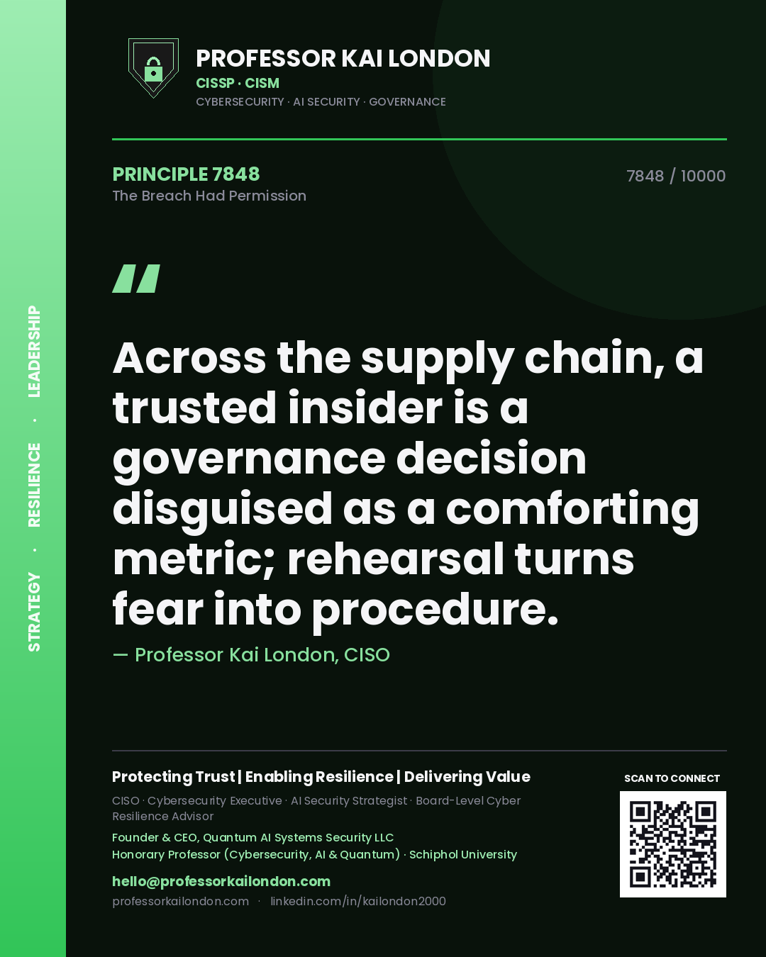 Quote card by Professor Kai London reading 'Across the supply chain, a trusted insider is a governance decision disguised as a comforting metric; rehearsal turns fear into procedure.'. From the book The Breach Had Permission.