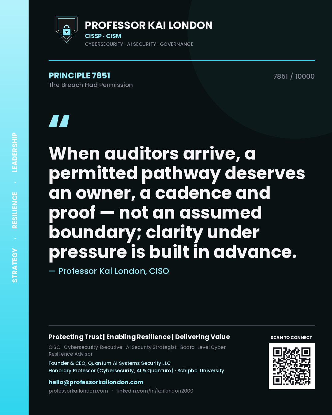 Professor Kai London principle 7851: When auditors arrive, a permitted pathway deserves an owner, a cadence and proof — not an assumed boundary; clarity under pressure is built in advance.