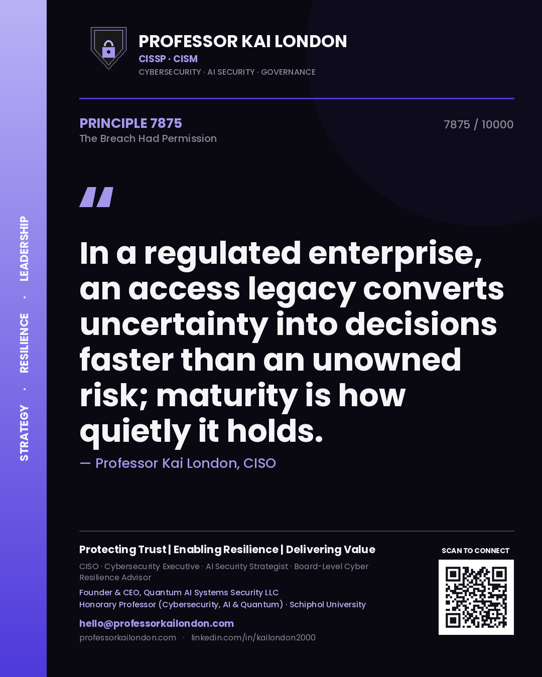 Quote card by Professor Kai London reading 'In a regulated enterprise, an access legacy converts uncertainty into decisions faster than an unowned risk; maturity is how quietly it holds.'. From the book The Breach Had Permission.