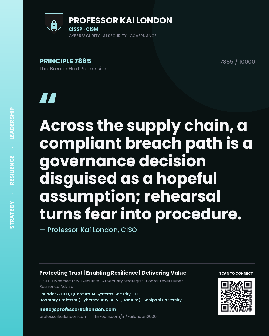Quote card by Professor Kai London reading 'Across the supply chain, a compliant breach path is a governance decision disguised as a hopeful assumption; rehearsal turns fear into procedure.'. From the book The Breach Had Permission.