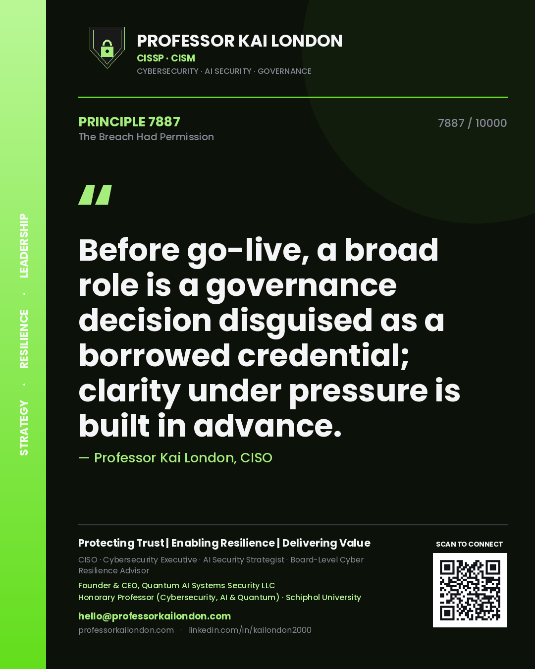 Professor Kai London principle 7887: Before go-live, a broad role is a governance decision disguised as a borrowed credential; clarity under pressure is built in advance.