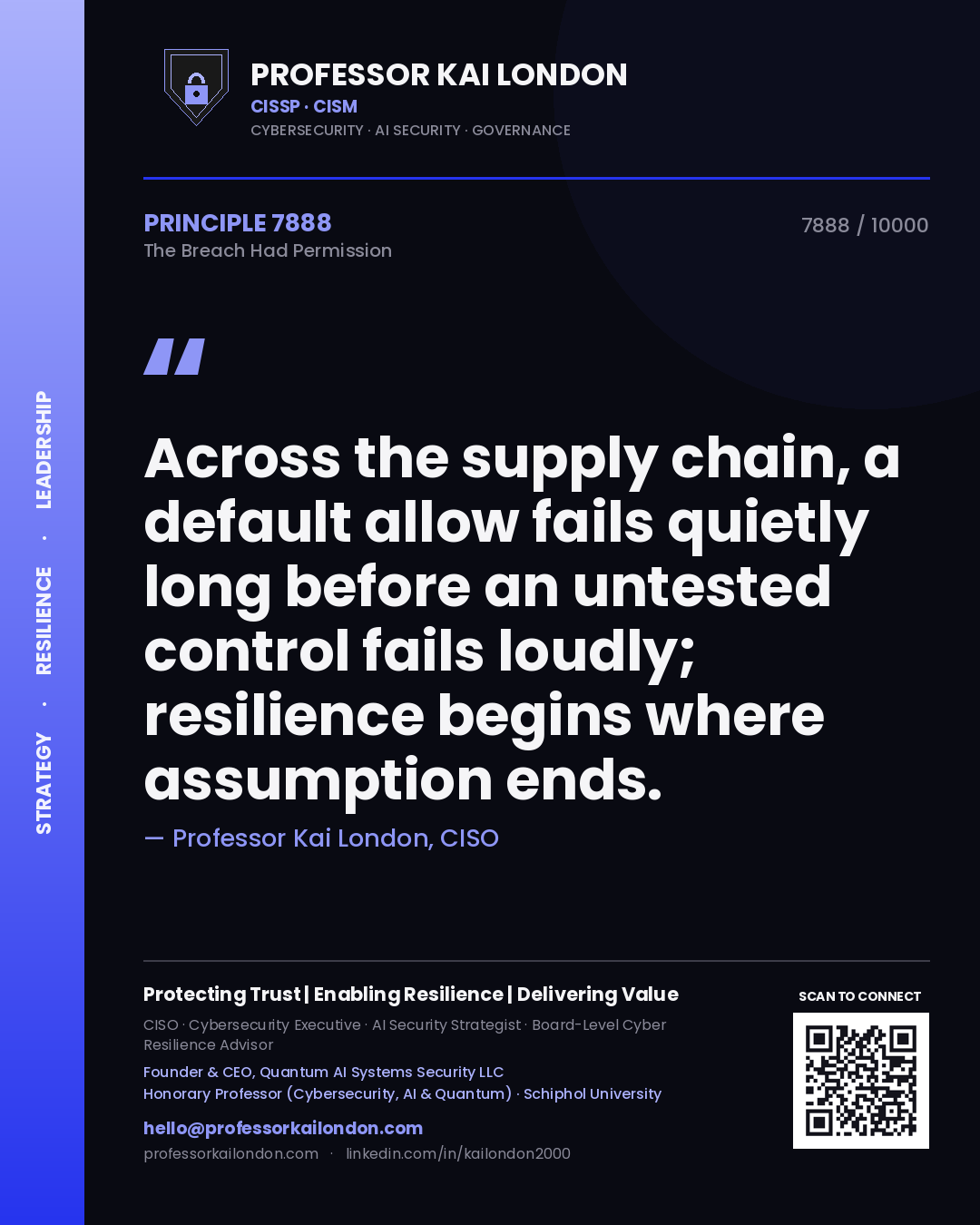 Quote card by Professor Kai London reading 'Across the supply chain, a default allow fails quietly long before an untested control fails loudly; resilience begins where assumption ends.'. From the book The Breach Had Permission.