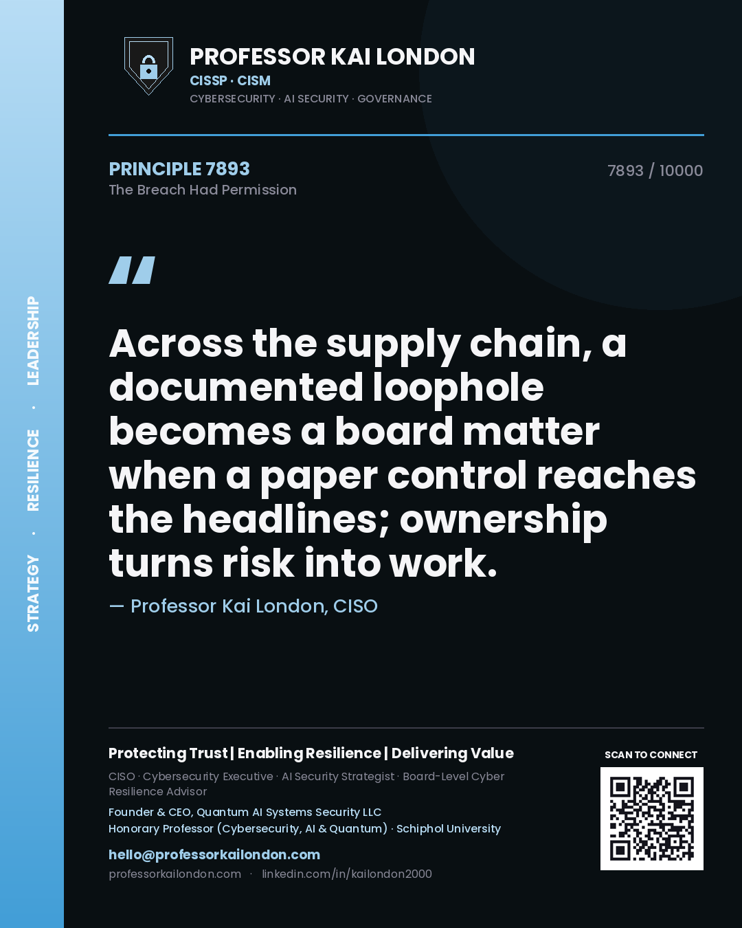 Professor Kai London principle 7893: Across the supply chain, a documented loophole becomes a board matter when a paper control reaches the headlines; ownership turns risk into work.