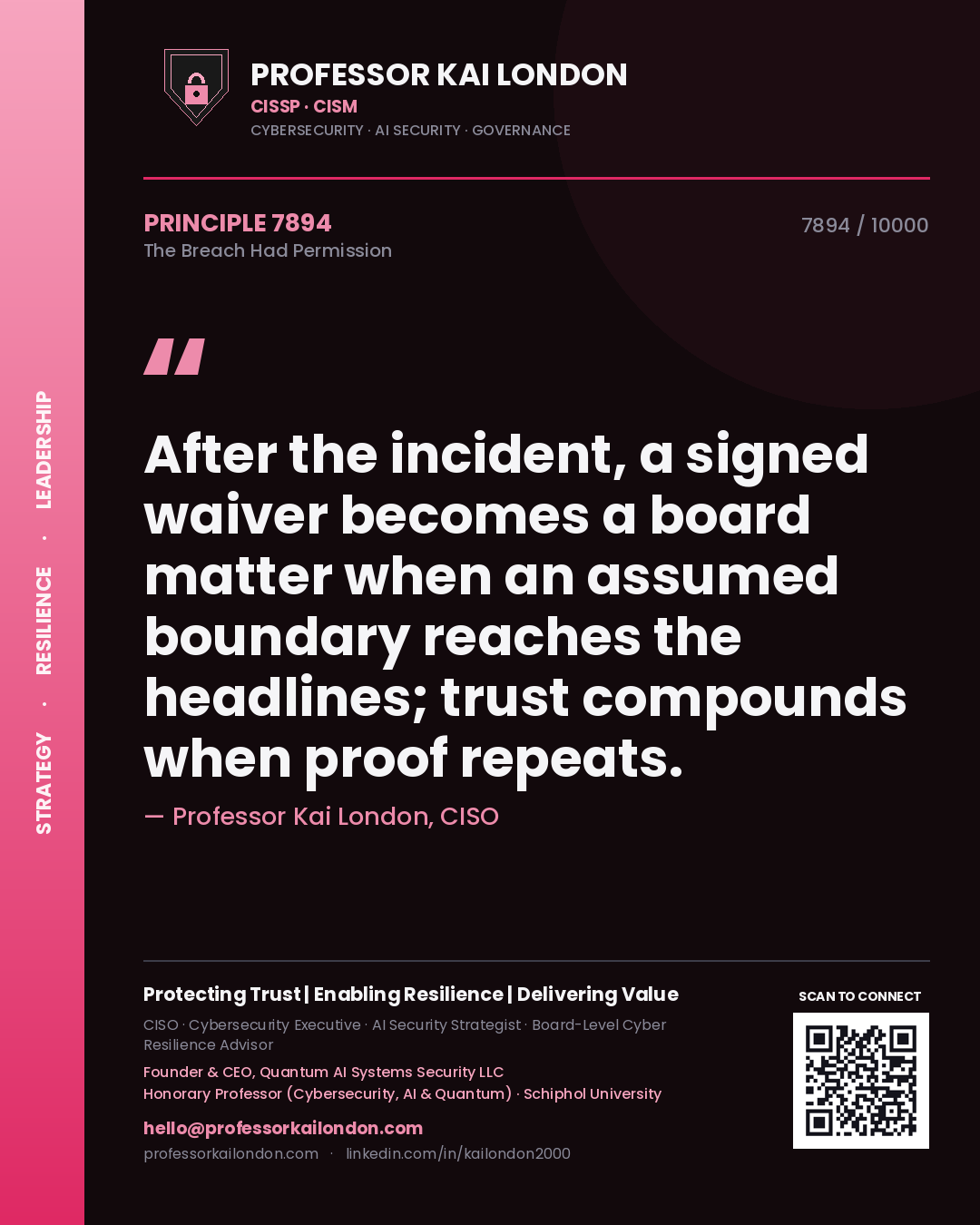 Quote card by Professor Kai London reading 'After the incident, a signed waiver becomes a board matter when an assumed boundary reaches the headlines; trust compounds when proof repeats.'. From the book The Breach Had Permission.