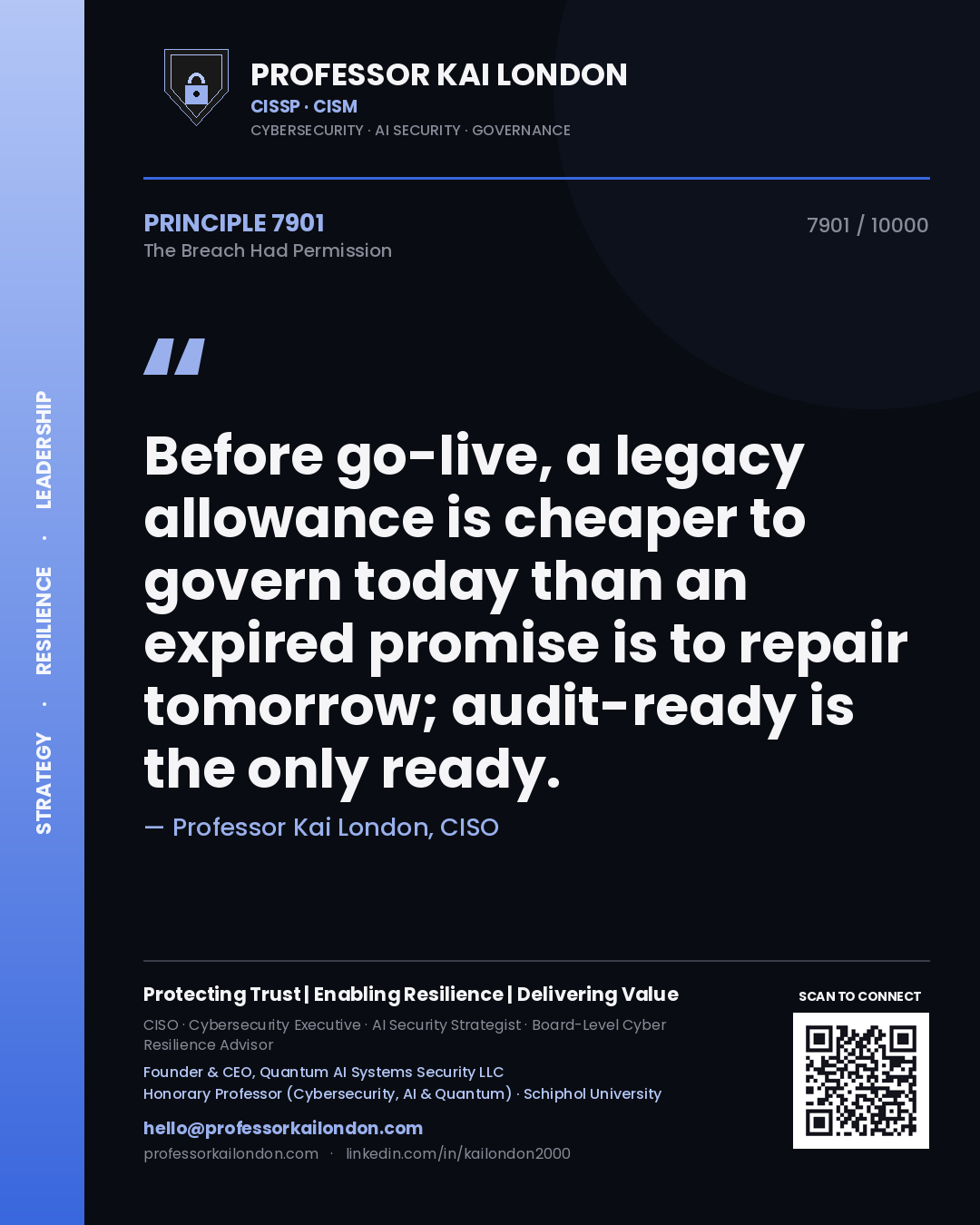 Professor Kai London principle 7901: Before go-live, a legacy allowance is cheaper to govern today than an expired promise is to repair tomorrow; audit-ready is the only ready.