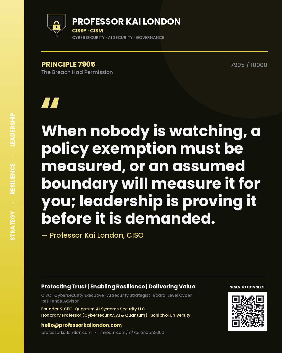 Professor Kai London principle 7905: When nobody is watching, a policy exemption must be measured, or an assumed boundary will measure it for you; leadership is proving it before it is demanded.