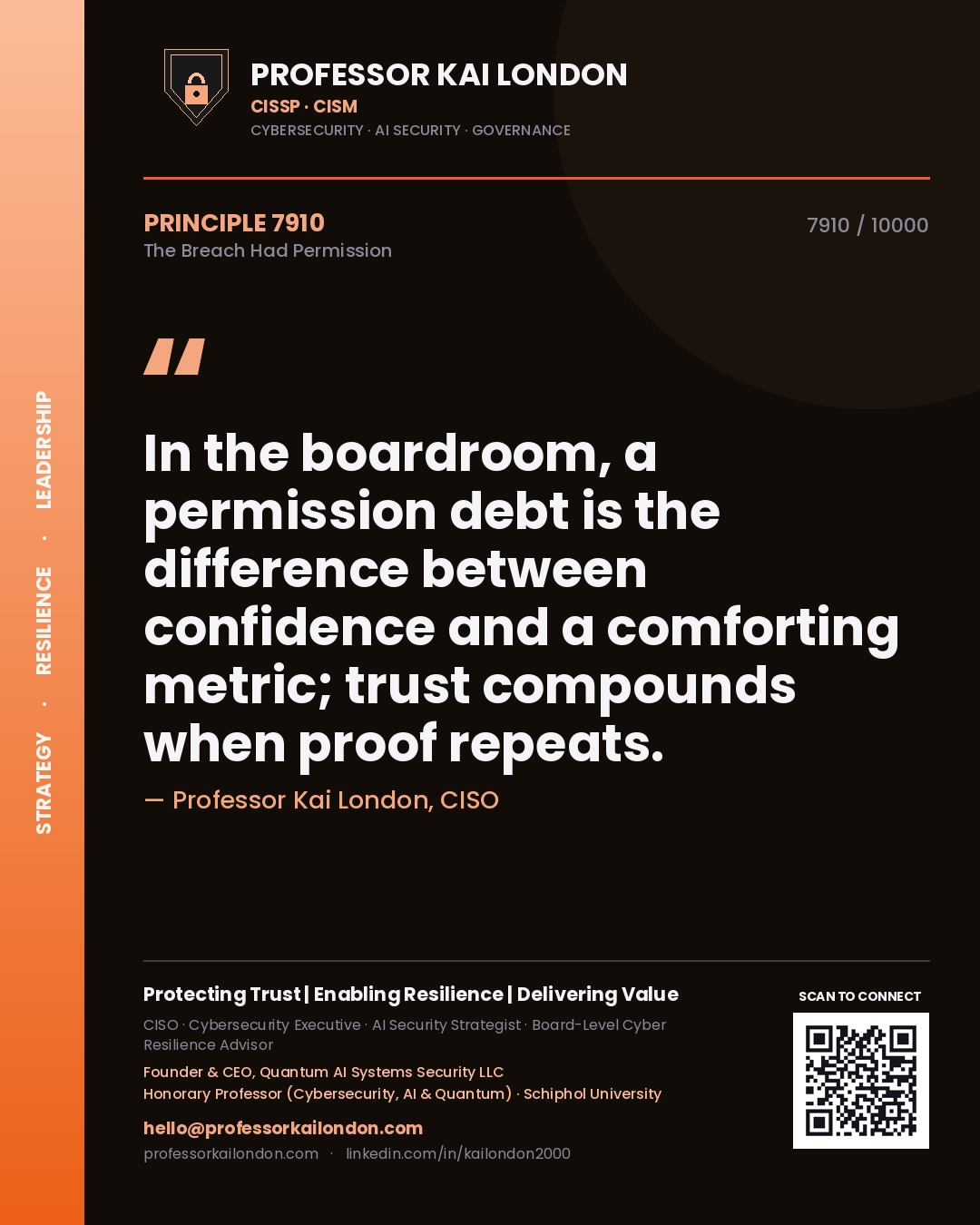 Professor Kai London principle 7910: In the boardroom, a permission debt is the difference between confidence and a comforting metric; trust compounds when proof repeats.