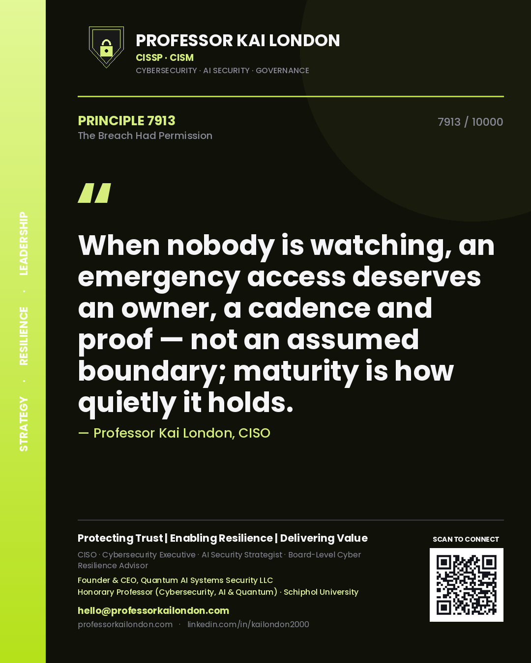 Quote card by Professor Kai London reading 'When nobody is watching, an emergency access deserves an owner, a cadence and proof — not an assumed boundary; maturity is how quietly it holds.'. From the book The Breach Had Permission.