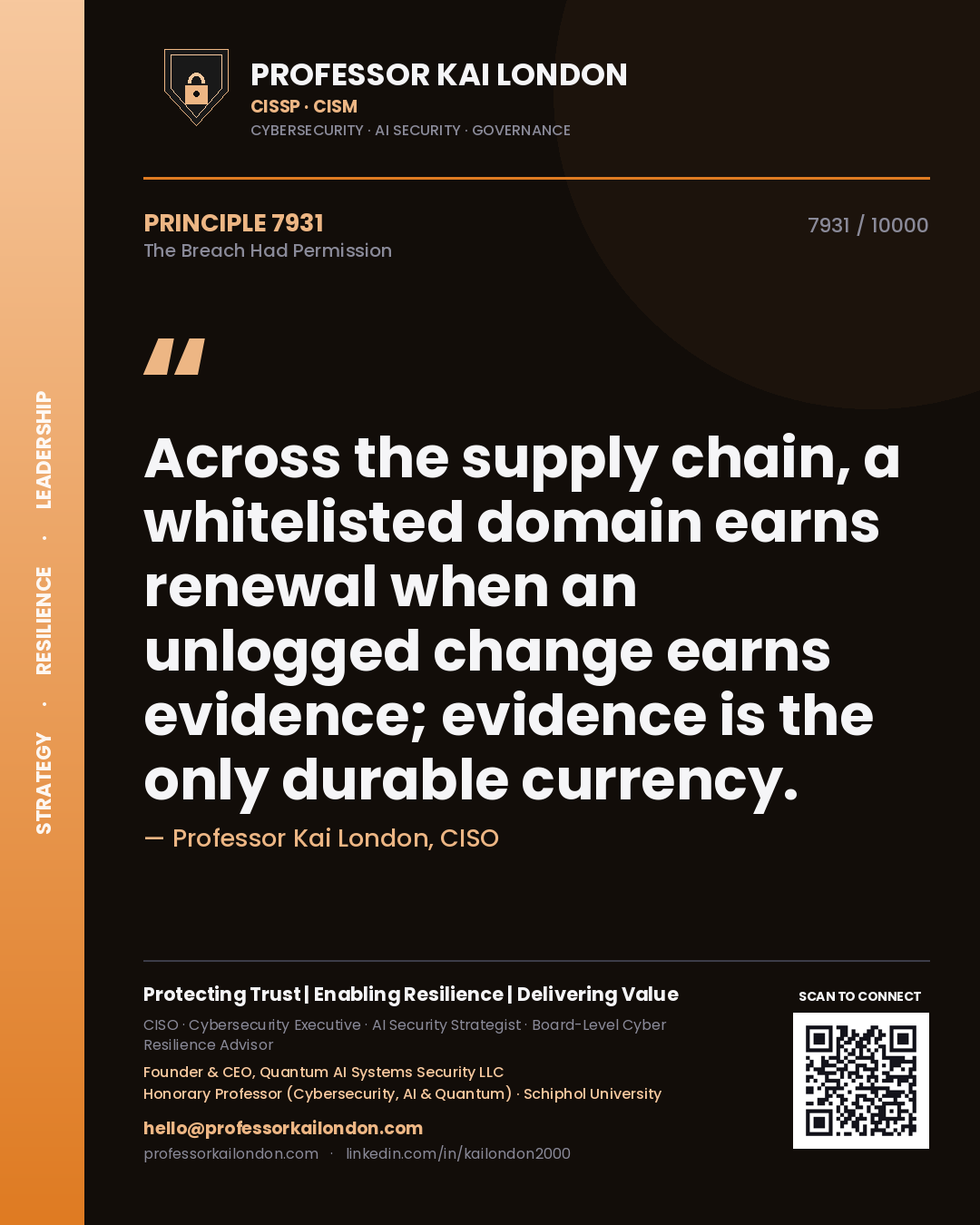 Quote card by Professor Kai London reading 'Across the supply chain, a whitelisted domain earns renewal when an unlogged change earns evidence; evidence is the only durable currency.'. From the book The Breach Had Permission.