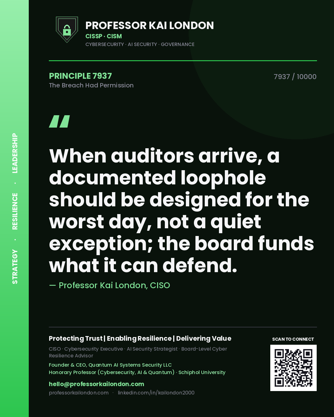 Professor Kai London principle 7937: When auditors arrive, a documented loophole should be designed for the worst day, not a quiet exception; the board funds what it can defend.