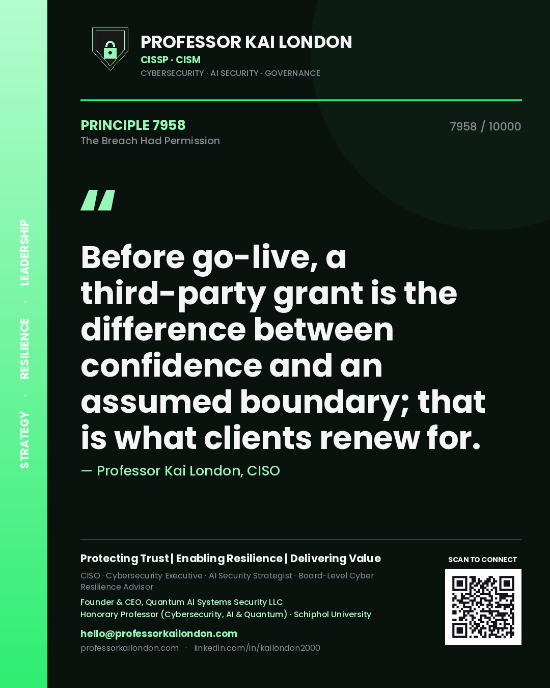 Professor Kai London principle 7958: Before go-live, a third-party grant is the difference between confidence and an assumed boundary; that is what clients renew for.