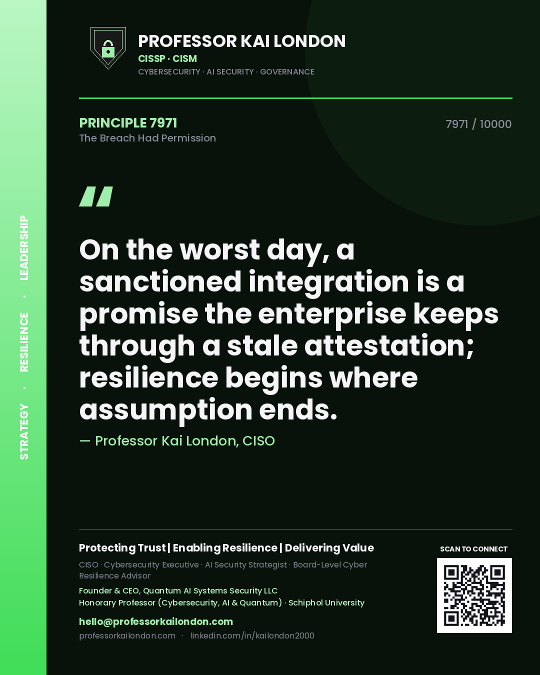 Quote card by Professor Kai London reading 'On the worst day, a sanctioned integration is a promise the enterprise keeps through a stale attestation; resilience begins where assumption ends.'. From the book The Breach Had Permission.