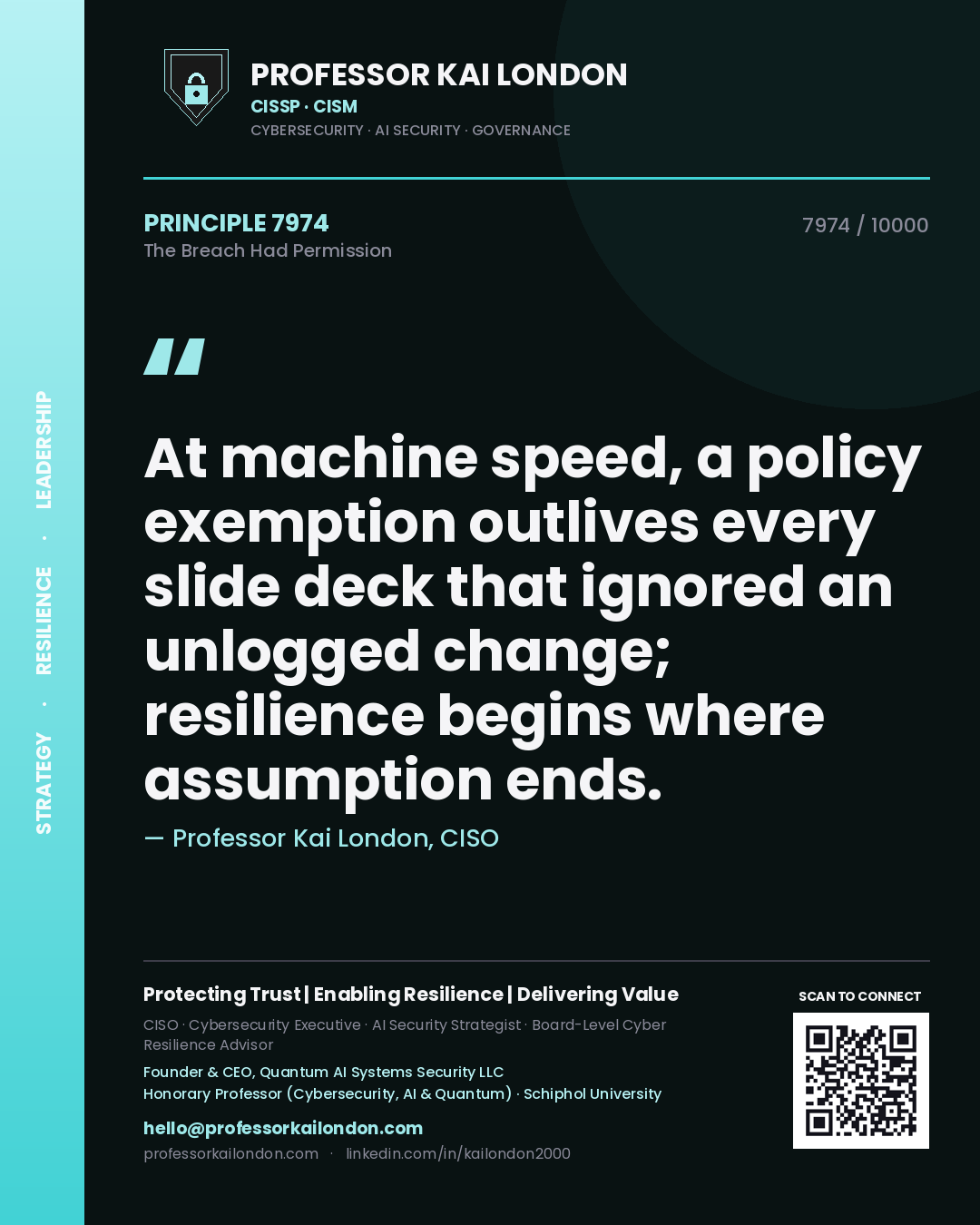 Professor Kai London principle 7974: At machine speed, a policy exemption outlives every slide deck that ignored an unlogged change; resilience begins where assumption ends.