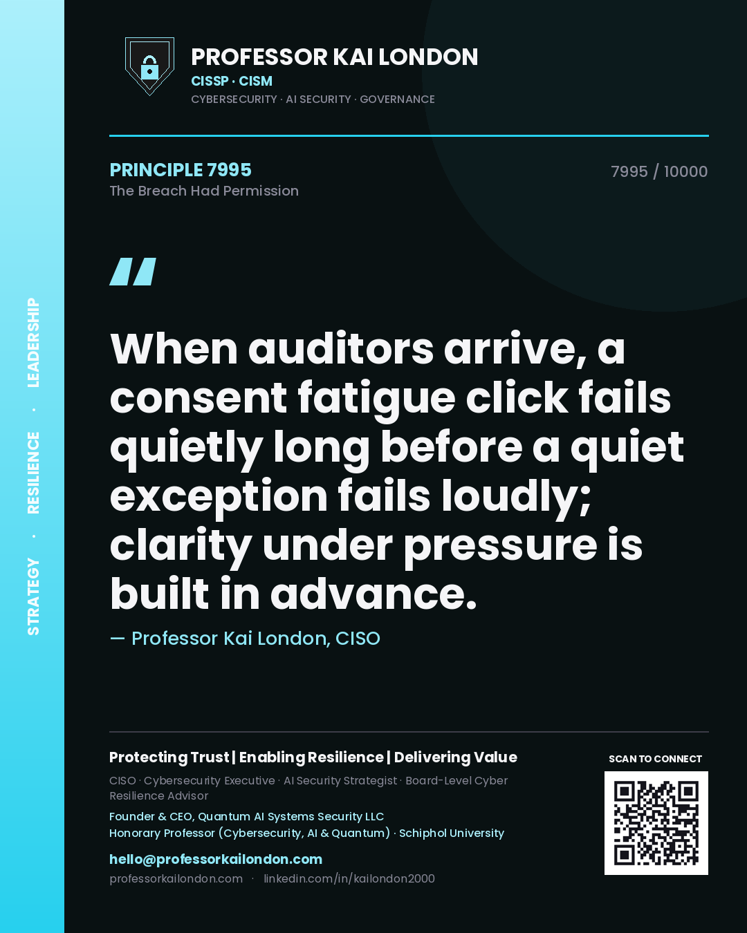 Professor Kai London principle 7995: When auditors arrive, a consent fatigue click fails quietly long before a quiet exception fails loudly; clarity under pressure is built in advance.