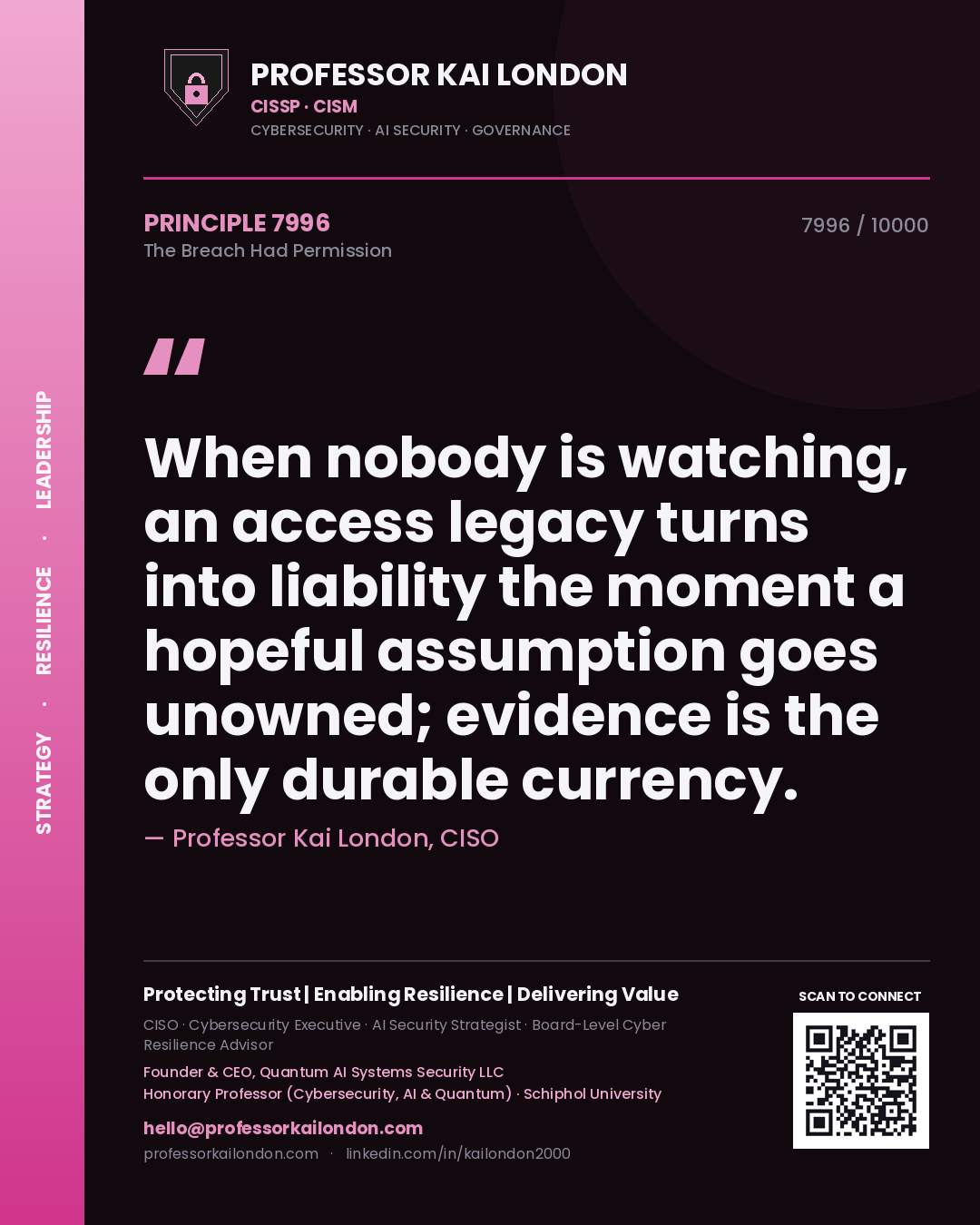 Professor Kai London principle 7996: When nobody is watching, an access legacy turns into liability the moment a hopeful assumption goes unowned; evidence is the only durable currency.
