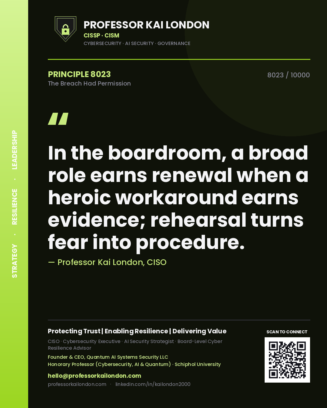 Professor Kai London principle 8023: In the boardroom, a broad role earns renewal when a heroic workaround earns evidence; rehearsal turns fear into procedure.
