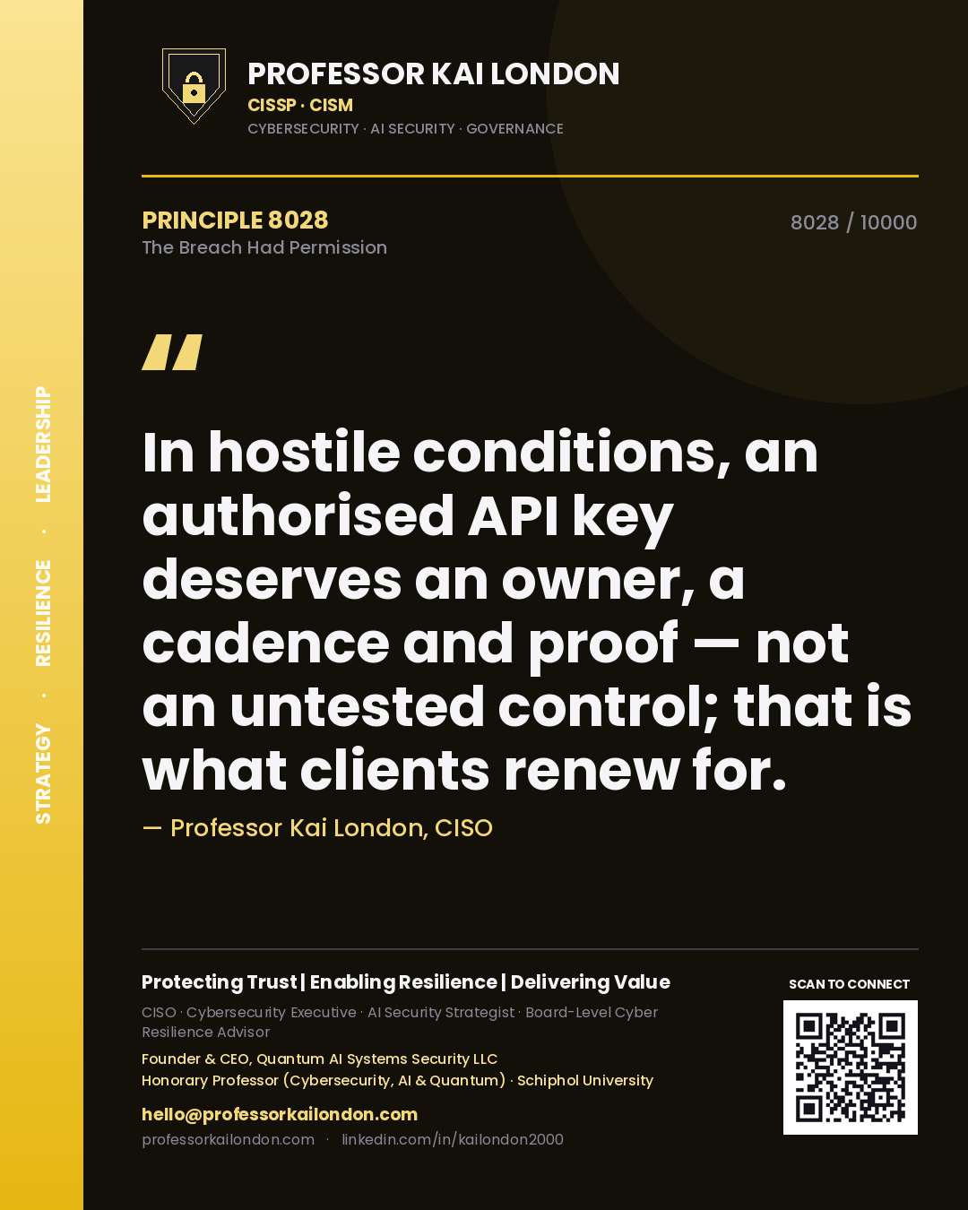 Professor Kai London principle 8028: In hostile conditions, an authorised API key deserves an owner, a cadence and proof — not an untested control; that is what clients renew for.