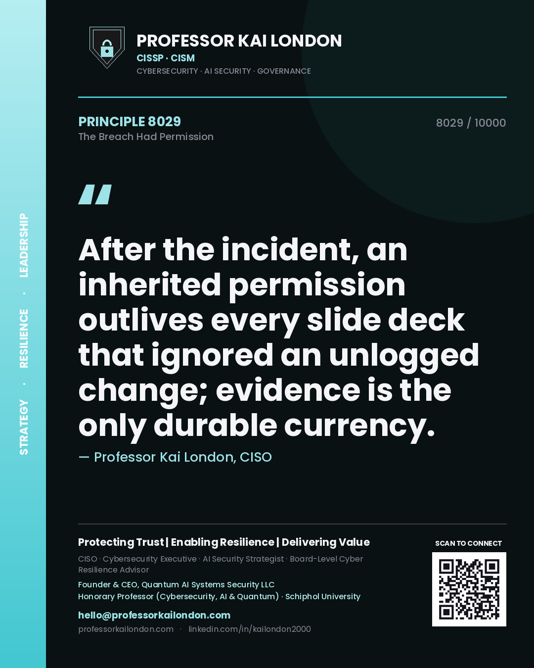 Quote card by Professor Kai London reading 'After the incident, an inherited permission outlives every slide deck that ignored an unlogged change; evidence is the only durable currency.'. From the book The Breach Had Permission.
