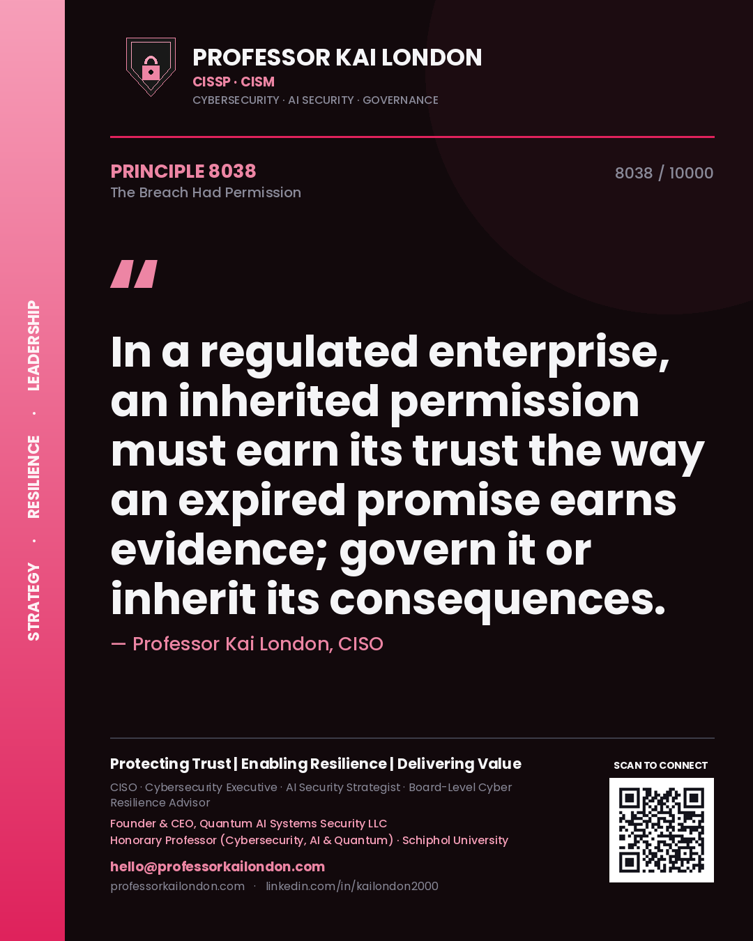 Professor Kai London principle 8038: In a regulated enterprise, an inherited permission must earn its trust the way an expired promise earns evidence; govern it or inherit its consequences.