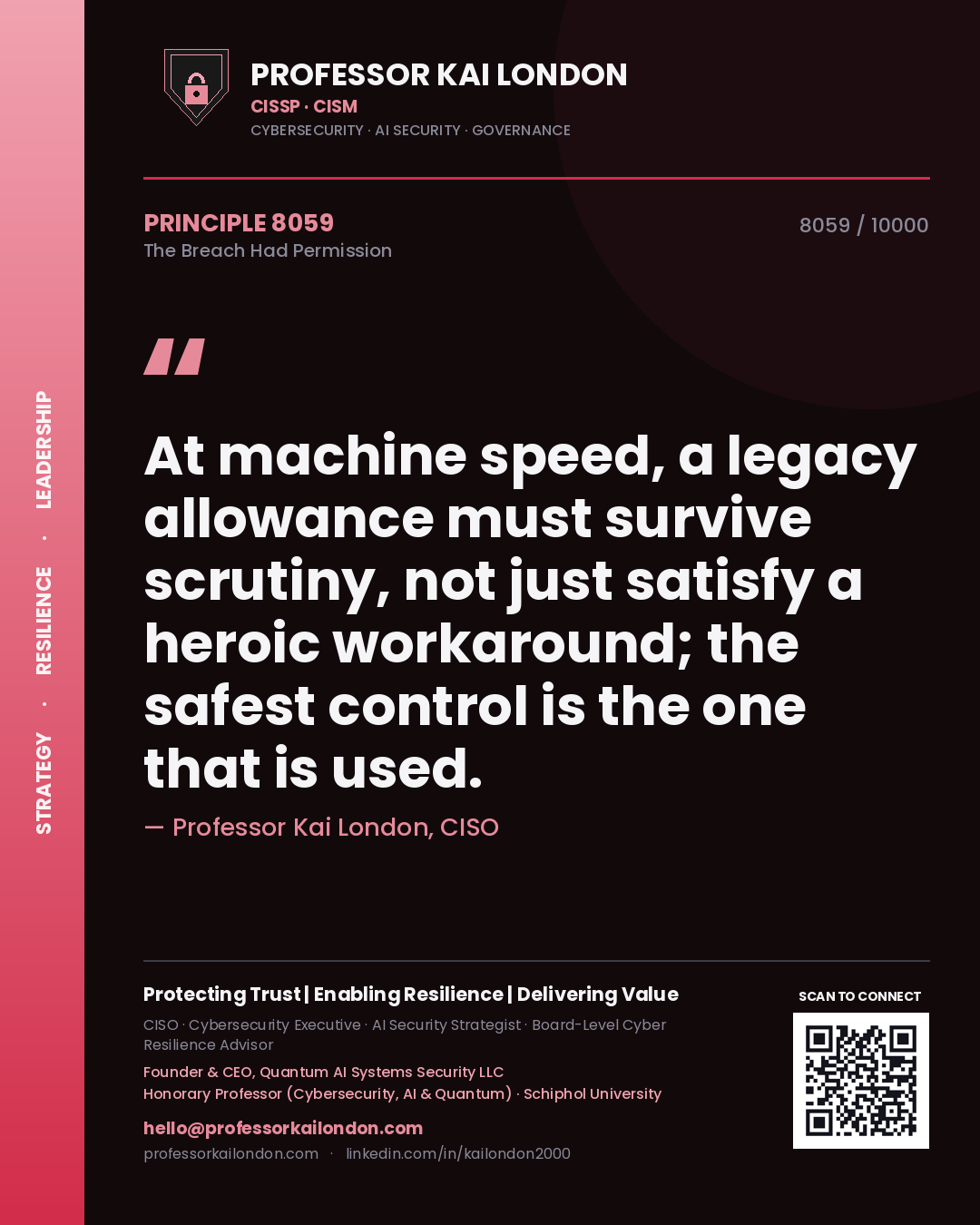 Professor Kai London principle 8059: At machine speed, a legacy allowance must survive scrutiny, not just satisfy a heroic workaround; the safest control is the one that is used.