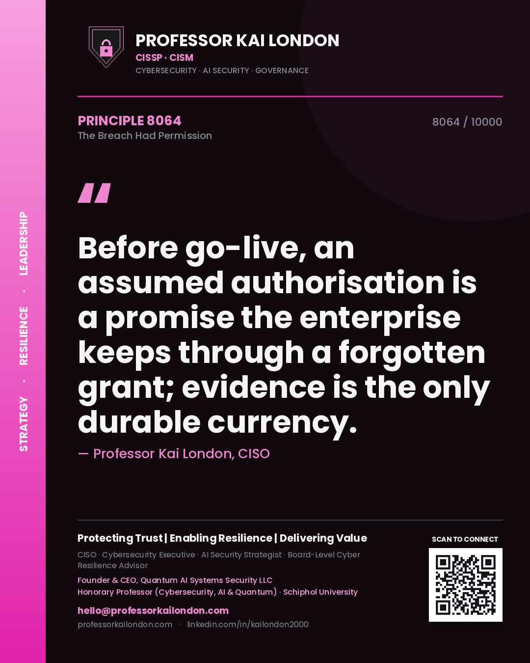 Quote card by Professor Kai London reading 'Before go-live, an assumed authorisation is a promise the enterprise keeps through a forgotten grant; evidence is the only durable currency.'. From the book The Breach Had Permission.