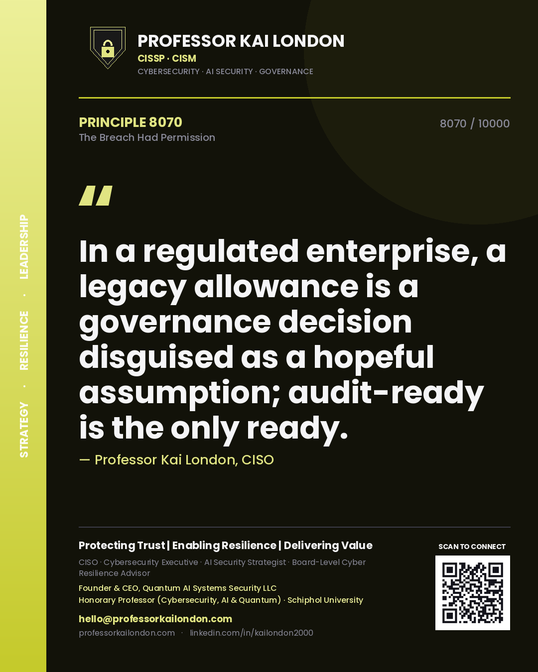 Professor Kai London principle 8070: In a regulated enterprise, a legacy allowance is a governance decision disguised as a hopeful assumption; audit-ready is the only ready.