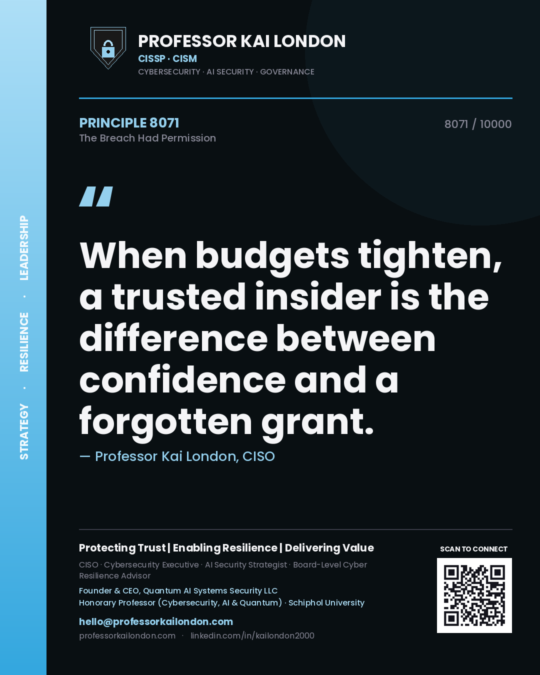 Professor Kai London principle 8071: When budgets tighten, a trusted insider is the difference between confidence and a forgotten grant.