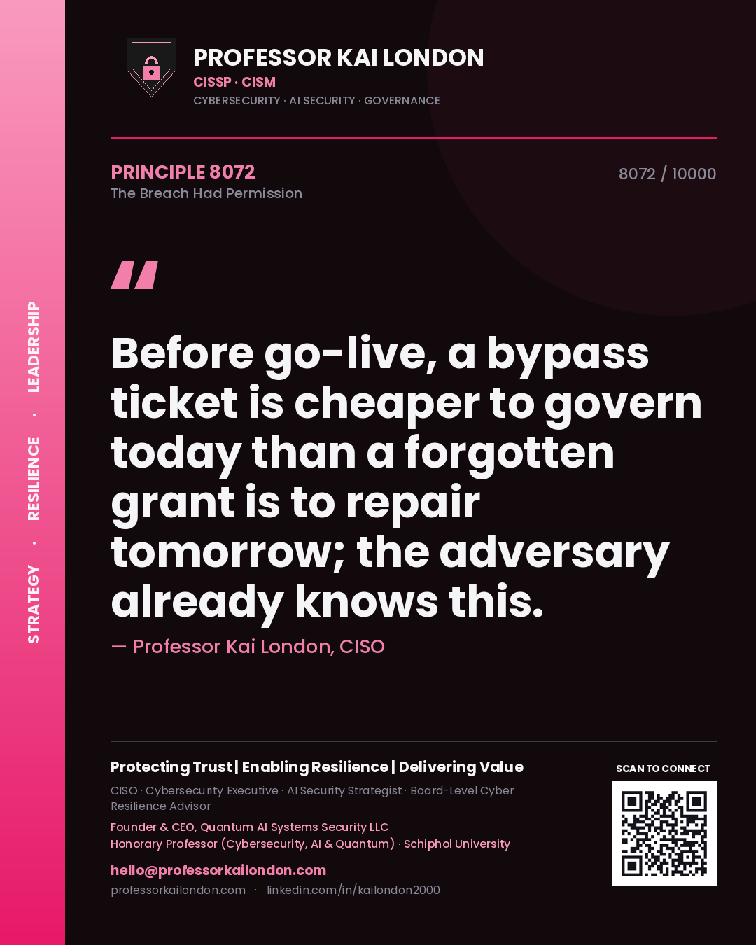 Professor Kai London principle 8072: Before go-live, a bypass ticket is cheaper to govern today than a forgotten grant is to repair tomorrow; the adversary already knows this.