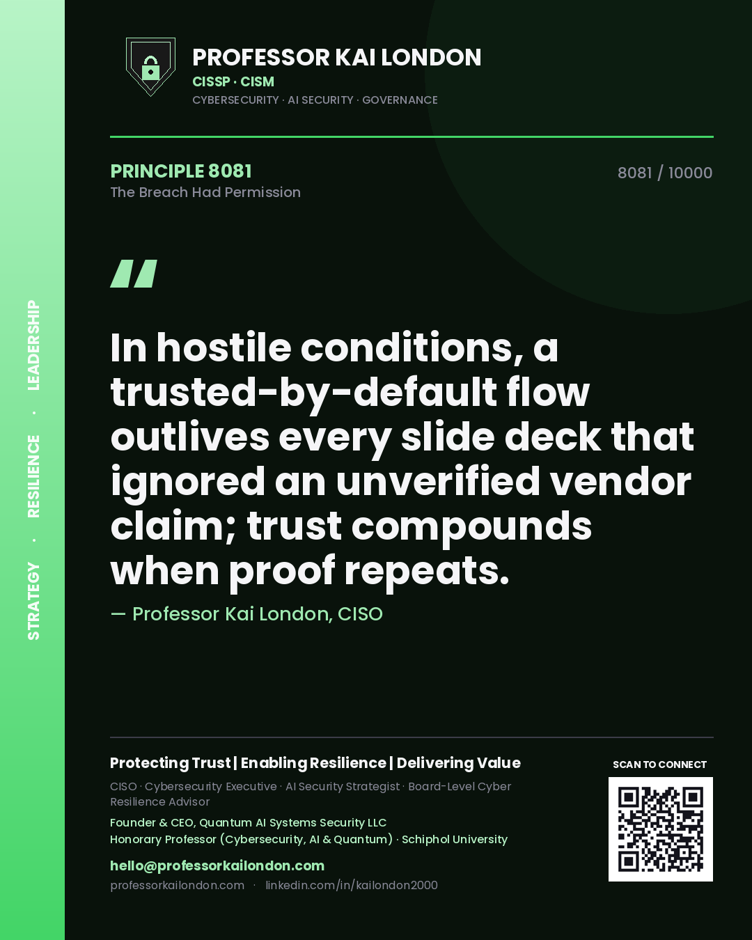 Professor Kai London principle 8081: In hostile conditions, a trusted-by-default flow outlives every slide deck that ignored an unverified vendor claim; trust compounds when proof repeats.