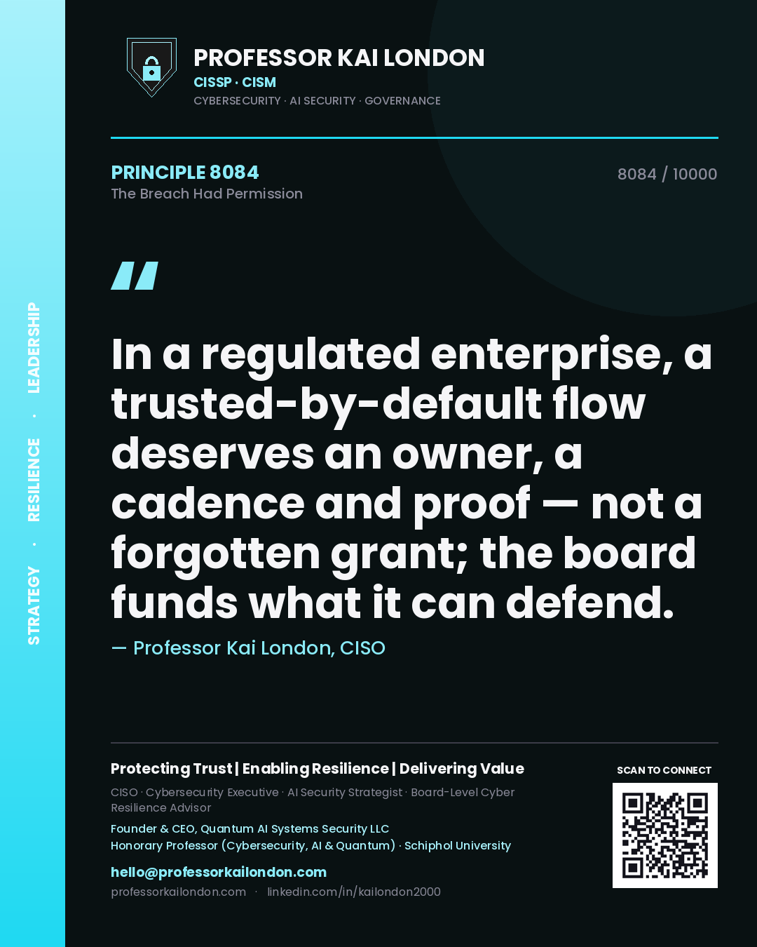 Professor Kai London principle 8084: In a regulated enterprise, a trusted-by-default flow deserves an owner, a cadence and proof — not a forgotten grant; the board funds what it can defend.