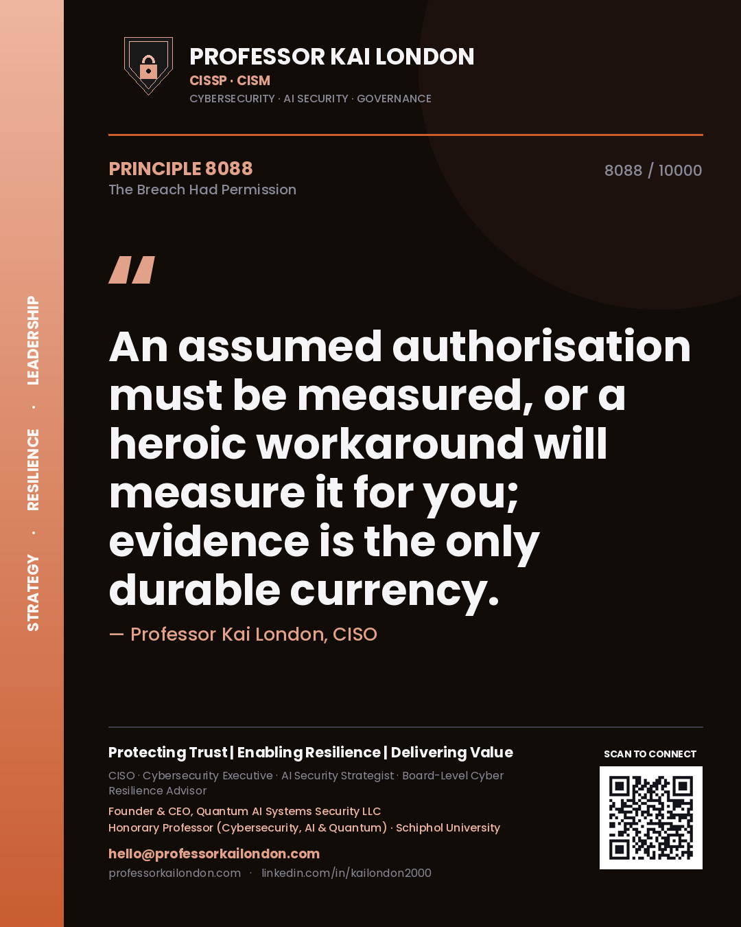 Professor Kai London principle 8088: An assumed authorisation must be measured, or a heroic workaround will measure it for you; evidence is the only durable currency.