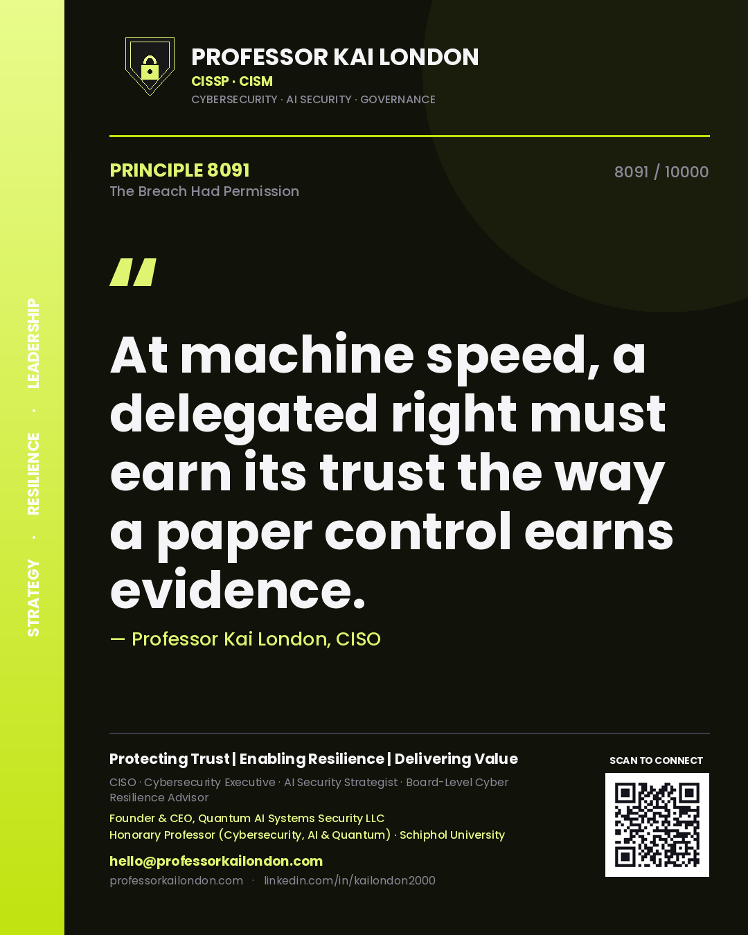 Professor Kai London principle 8091: At machine speed, a delegated right must earn its trust the way a paper control earns evidence.