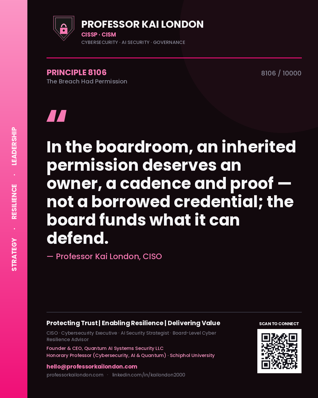 Quote card by Professor Kai London reading 'In the boardroom, an inherited permission deserves an owner, a cadence and proof — not a borrowed credential; the board funds what it can defend.'. From the book The Breach Had Permission.
