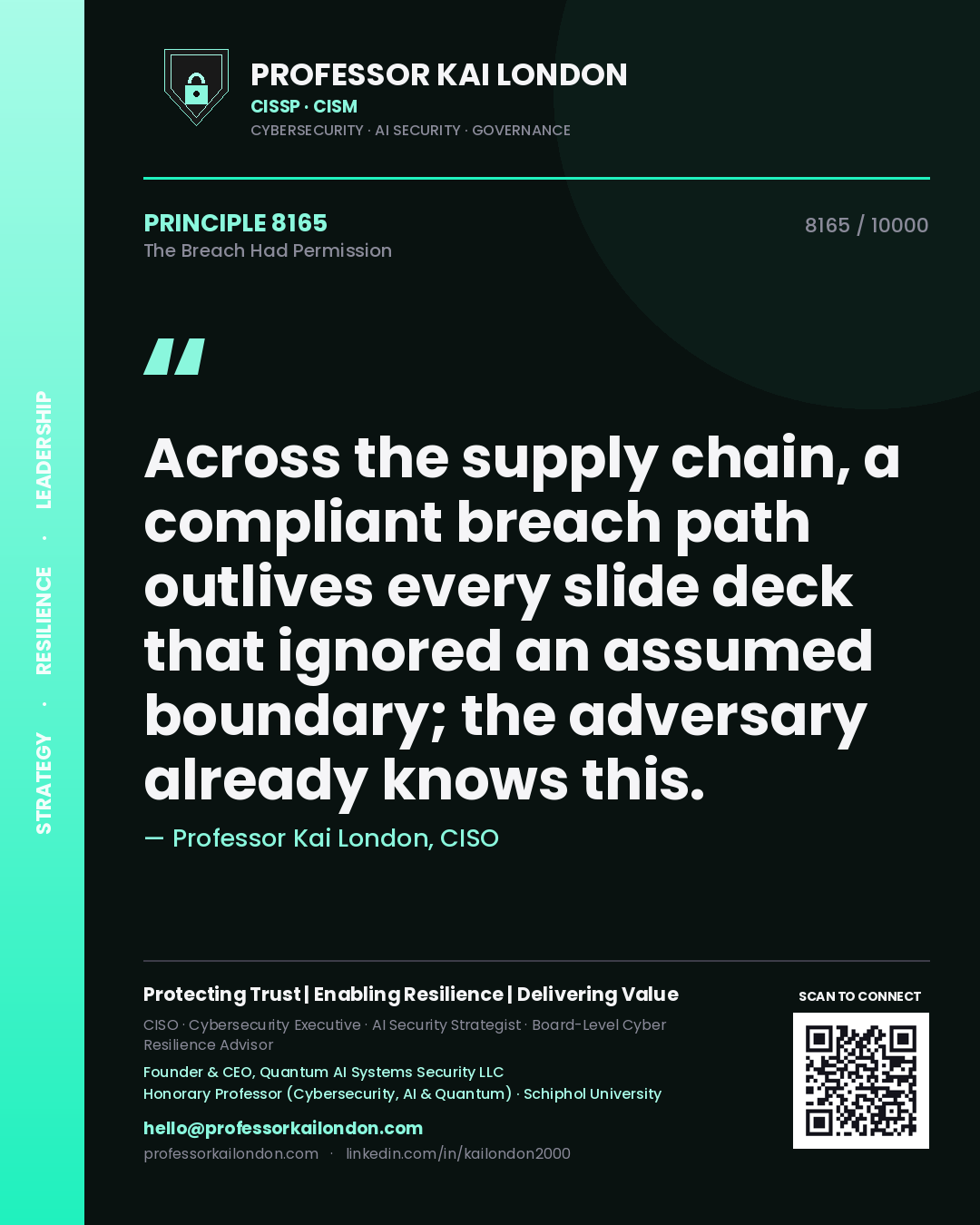 Quote card by Professor Kai London reading 'Across the supply chain, a compliant breach path outlives every slide deck that ignored an assumed boundary; the adversary already knows this.'. From the book The Breach Had Permission.