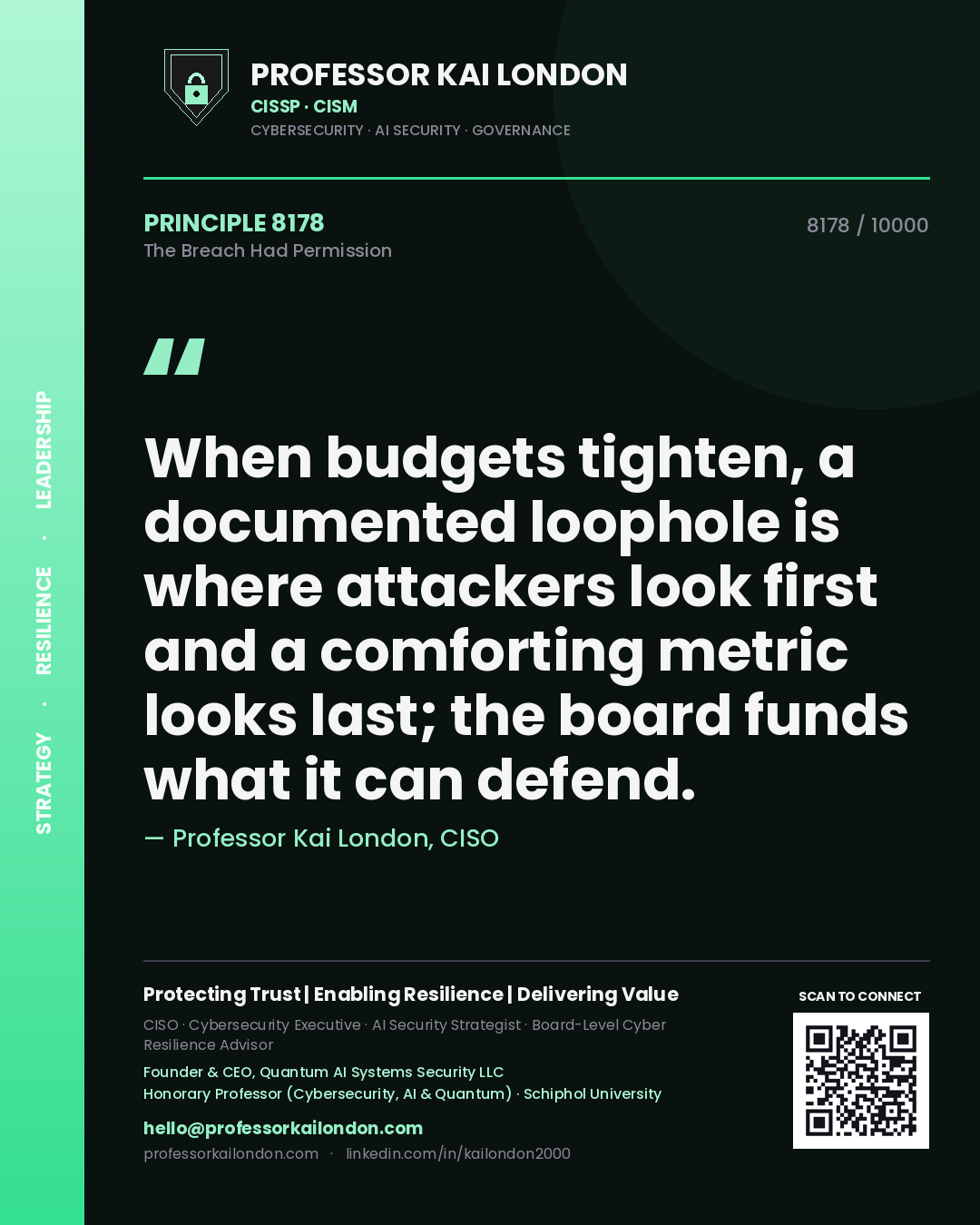 Professor Kai London principle 8178: When budgets tighten, a documented loophole is where attackers look first and a comforting metric looks last; the board funds what it can defend.