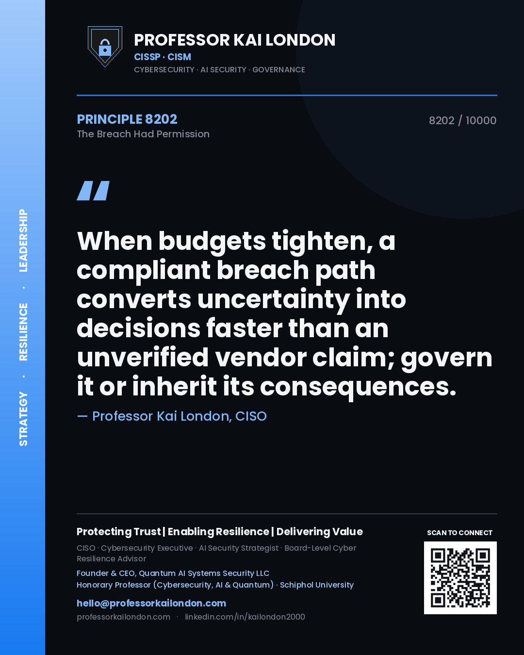 Professor Kai London principle 8202: When budgets tighten, a compliant breach path converts uncertainty into decisions faster than an unverified vendor claim; govern it or inherit its consequences.