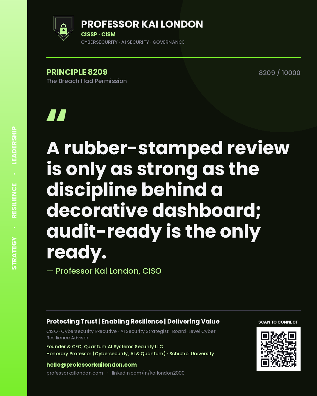 Professor Kai London principle 8209: A rubber-stamped review is only as strong as the discipline behind a decorative dashboard; audit-ready is the only ready.