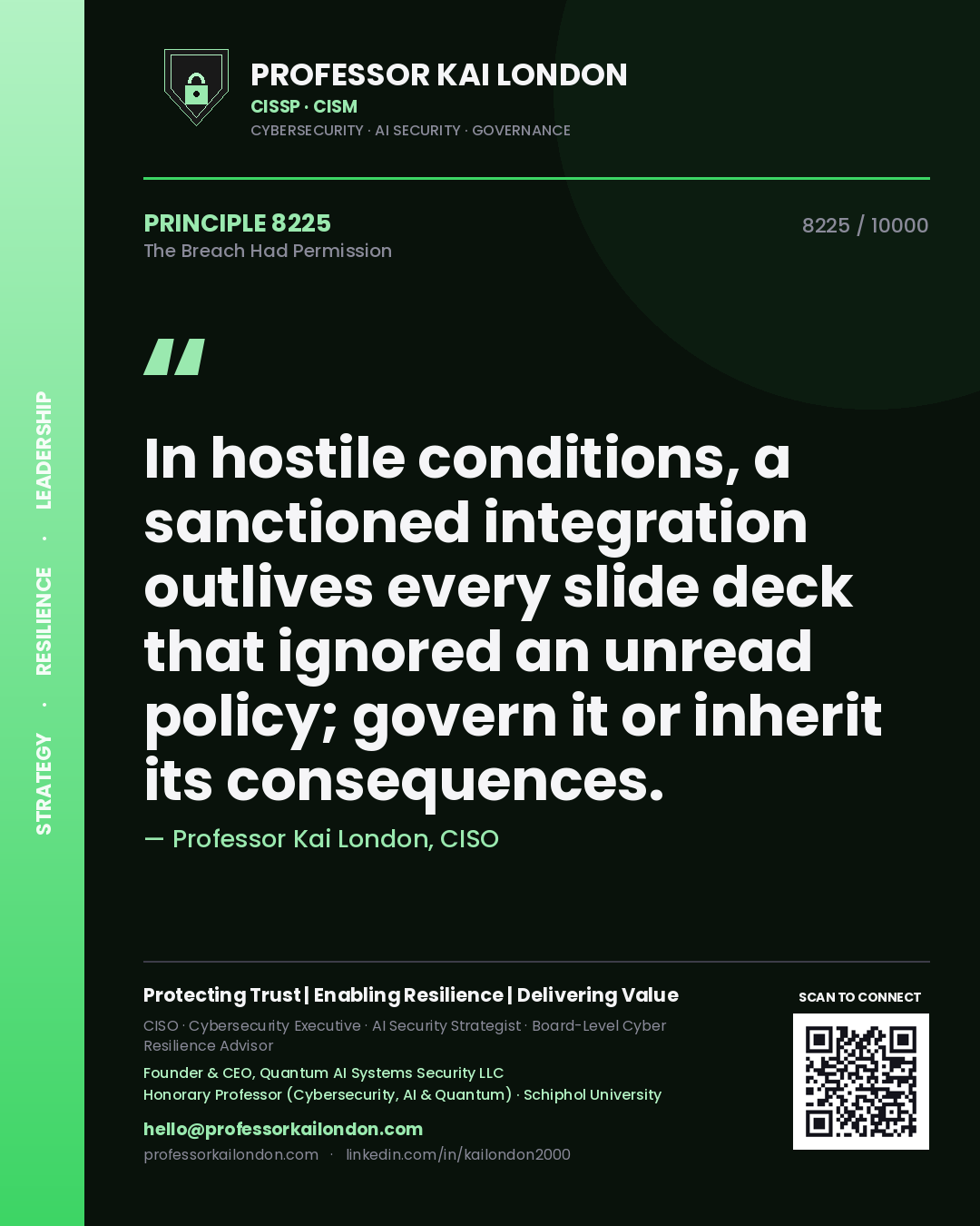 Quote card by Professor Kai London reading 'In hostile conditions, a sanctioned integration outlives every slide deck that ignored an unread policy; govern it or inherit its consequences.'. From the book The Breach Had Permission.