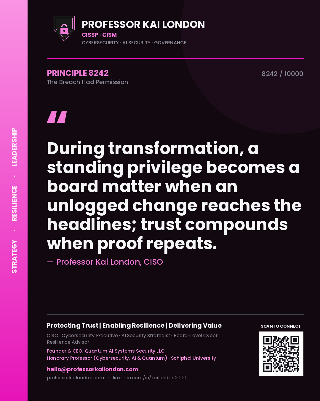 Professor Kai London principle 8242: During transformation, a standing privilege becomes a board matter when an unlogged change reaches the headlines; trust compounds when proof repeats.